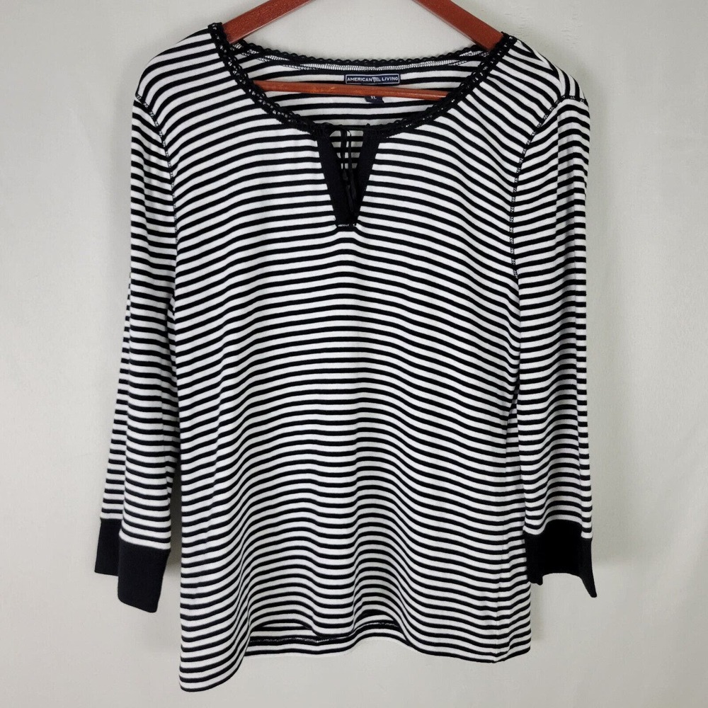 American Living Womens Shirt XL Top Striped Long Sleeve Split Laced Keyhole Neck